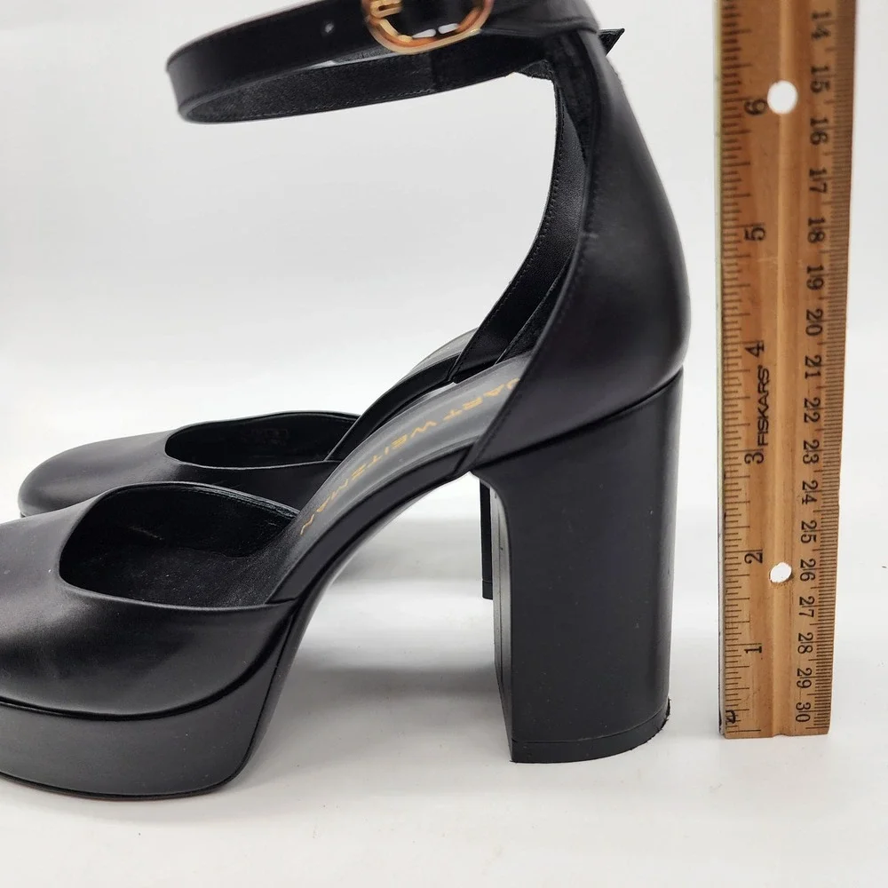 Stuart Weitzman Dayna Platform Pump Women's 7B Black Leather Ankle Strap Heels